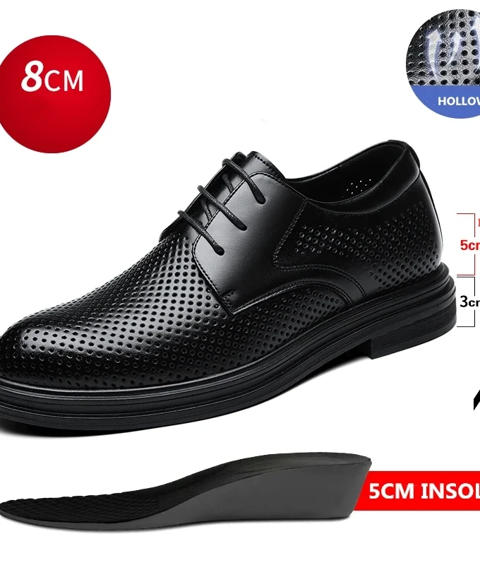 Men Dress Shoes Elevator Shoes Summer Breathable Casual Classic Business Heightening Leather Shoes 8CM 6CM Moccasins Taller Male