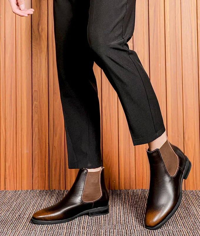 Men Classic Retro Chelsea Boots Genuine Leather High Top Pointed Toe Fashion Casual Comfortable Warm Plush Business Ankle Boots