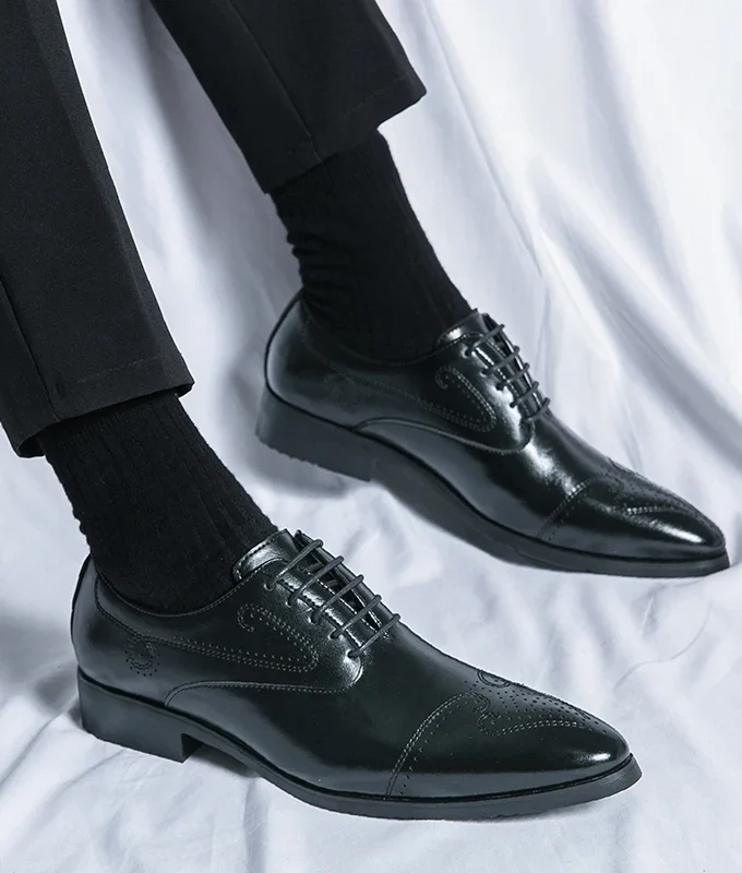 Big Size Classic Black Brown Men's PU Leather Oxford Shoes Lace-Up Office Dress Wedding Brogue Pointed Toe Business Formal Shoes