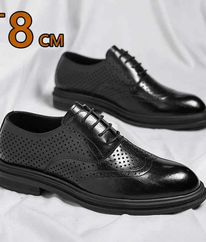 Spring Summer Men Hollow Platform High Heel 6/8 CM Height Growth Formal Men Derby Leather Shoes Man Wedding Dress Elevator Shoes