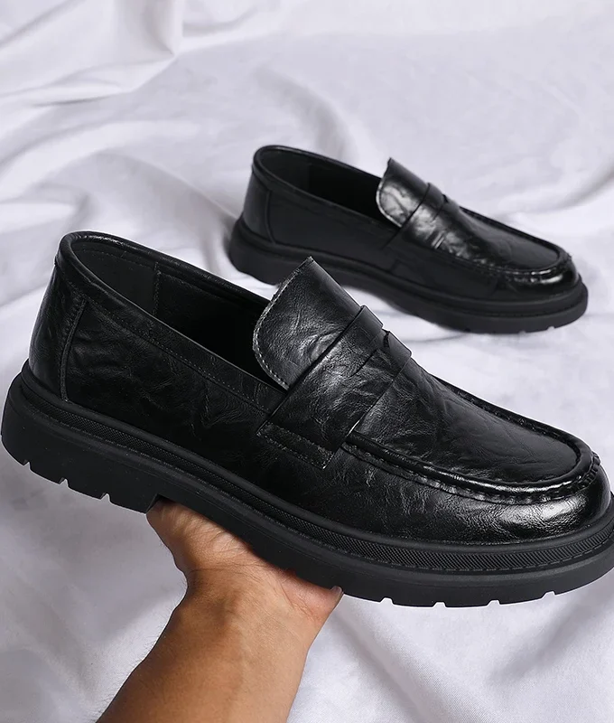 Men Penny Loafers Fashion Business Casual Thick Platform Genuine Leather Wedding Loafer Shoes Harajuku Korean Man Leather Shoes