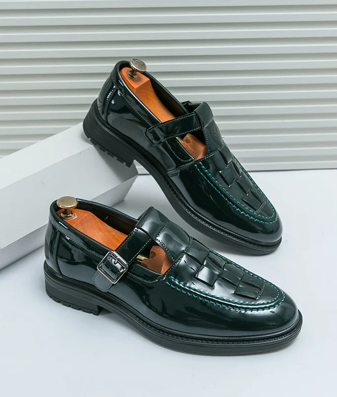 Patent Leather Checkered Weave Hollow Loafers 2024 Summer New Glossy Metal Buckle Strap Flats Round Toe Platform Casual Men Shoe