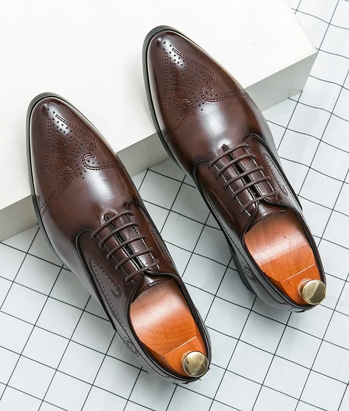 Big Size Classic Black Brown Men's PU Leather Oxford Shoes Lace-Up Office Dress Wedding Brogue Pointed Toe Business Formal Shoes