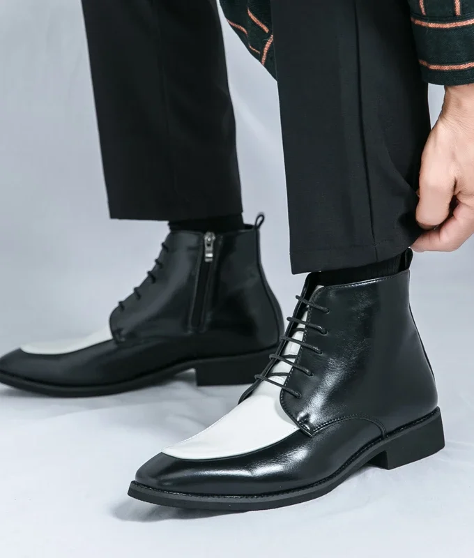 Fashion Black White Matching Leather Boots for Men Ankle Boots Med Heel Zip Male Shoes Wedding Business Office Shoes Plus Size