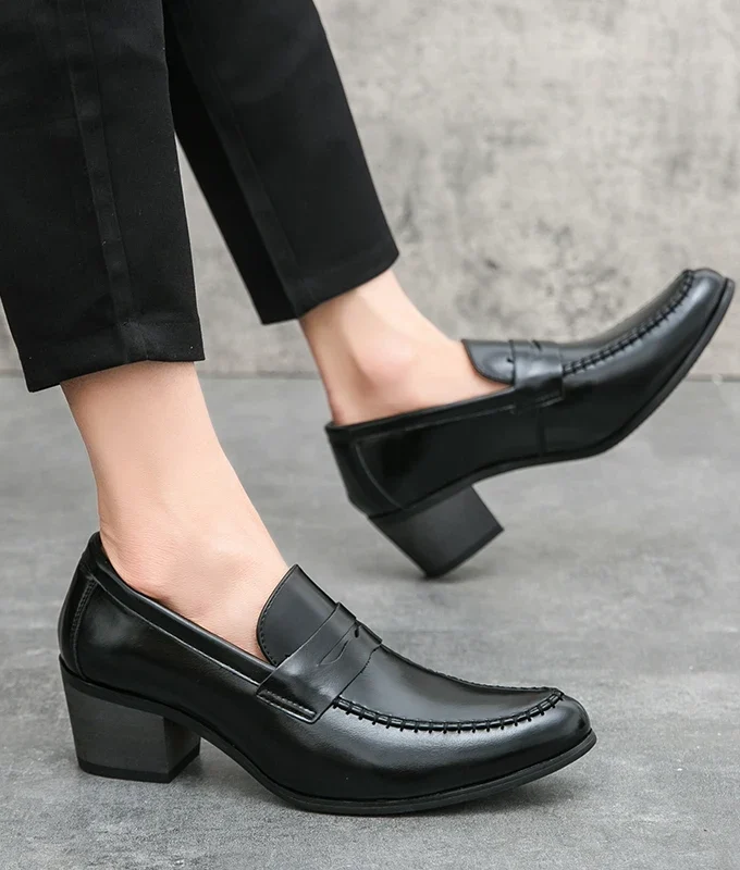 Men Penny Loafers With Heel 6CM Leather Shoes Business Elegant Wedding Party Casual Dress Shoes Brown Black Lift Shoes for Men