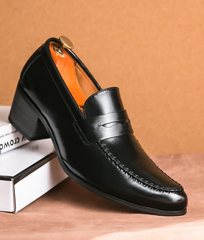Men Penny Loafers With Heel 6CM Leather Shoes Business Elegant Wedding Party Casual Dress Shoes Brown Black Lift Shoes for Men