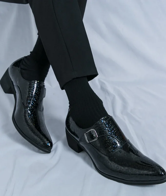 Luxury High Heel Casual Men Monk Strap Shoes Blue Black Gold Polishing Loafers Men Dress Shoes Wedding Office Leather Shoes Men