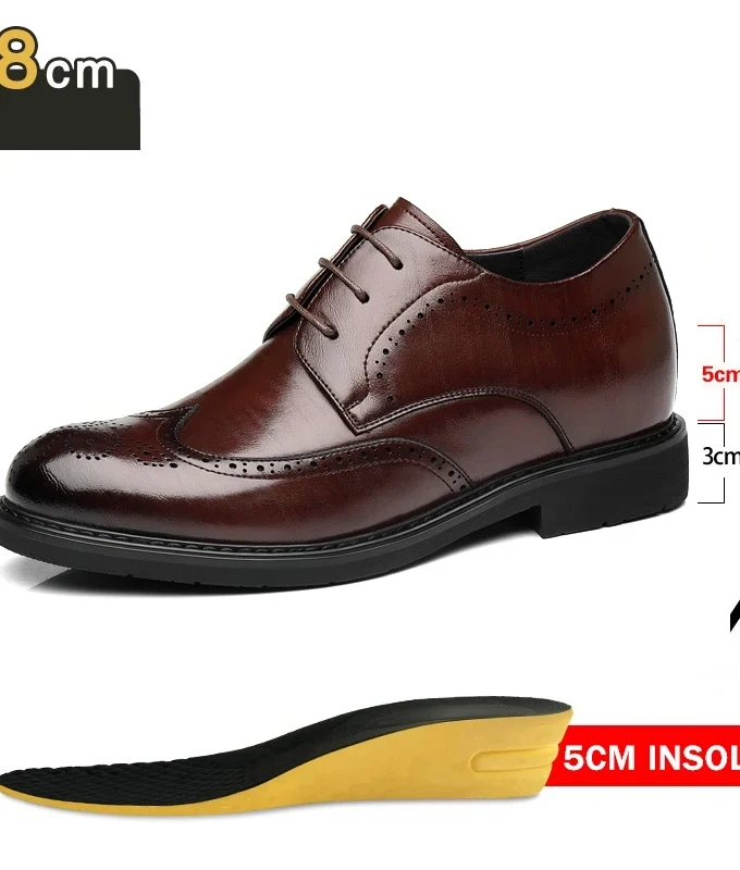 Men's Dress Brogues Elevator Shoes Platform Breathable Casual Business Luxury Genuine Leather Heightening Shoes 6 8CM Taller Man