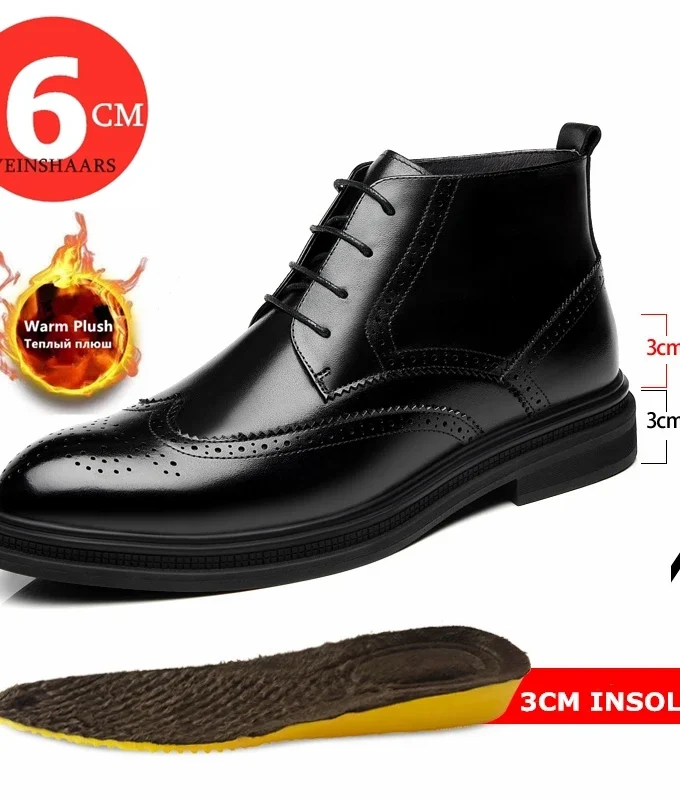Autumn Winter Man Platform Boots Warm Height Increasing Boots Men Brogues Leather Shoes High Heel Shoes Male Elevator Boots