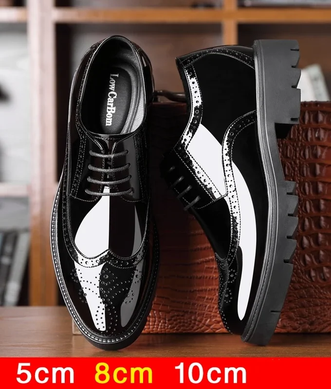 Luxury Men Brogues Patent Leather Elevator Shoes Man Height Increase Insole 8cm/10cm Black Formal Business Wedding Men Shoes New