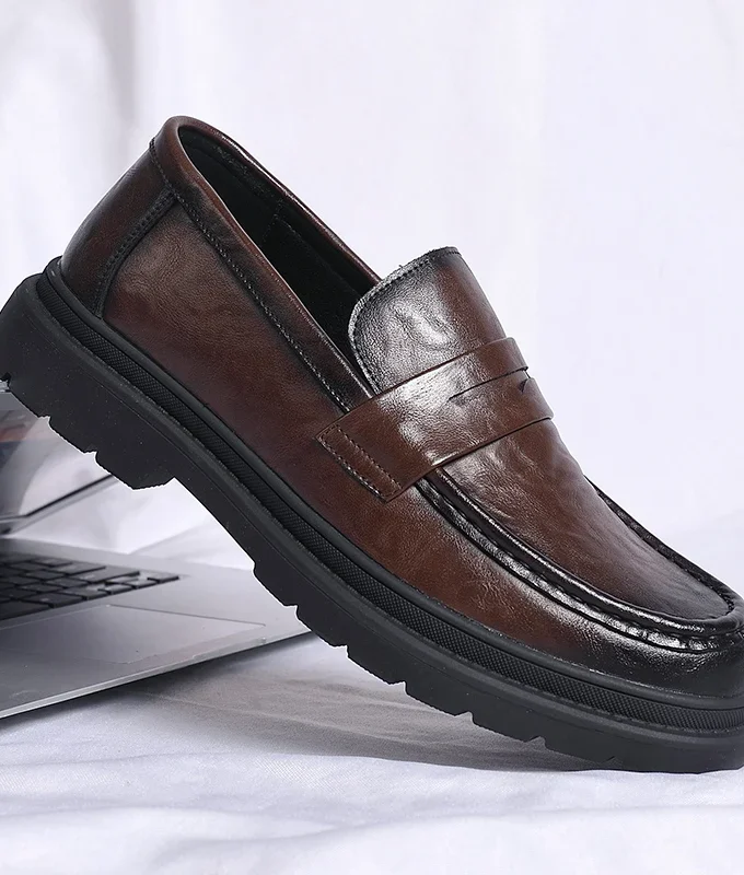 Men Penny Loafers Fashion Business Casual Thick Platform Genuine Leather Wedding Loafer Shoes Harajuku Korean Man Leather Shoes