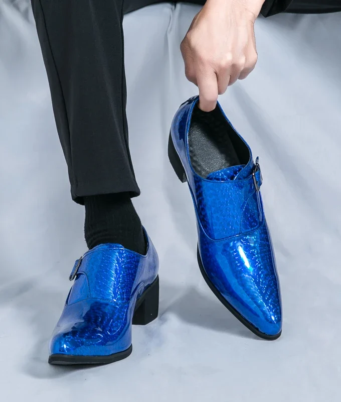 Luxury High Heel Casual Men Monk Strap Shoes Blue Black Gold Polishing Loafers Men Dress Shoes Wedding Office Leather Shoes Men