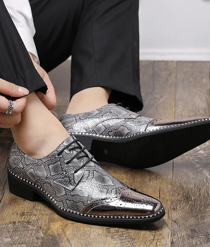 Snakeskin Grain Formal Shoes Leather Oxfords for Men Dressing Wedding Men's Brogues Office Shoes Lace Up Male Zapatos De Hombre