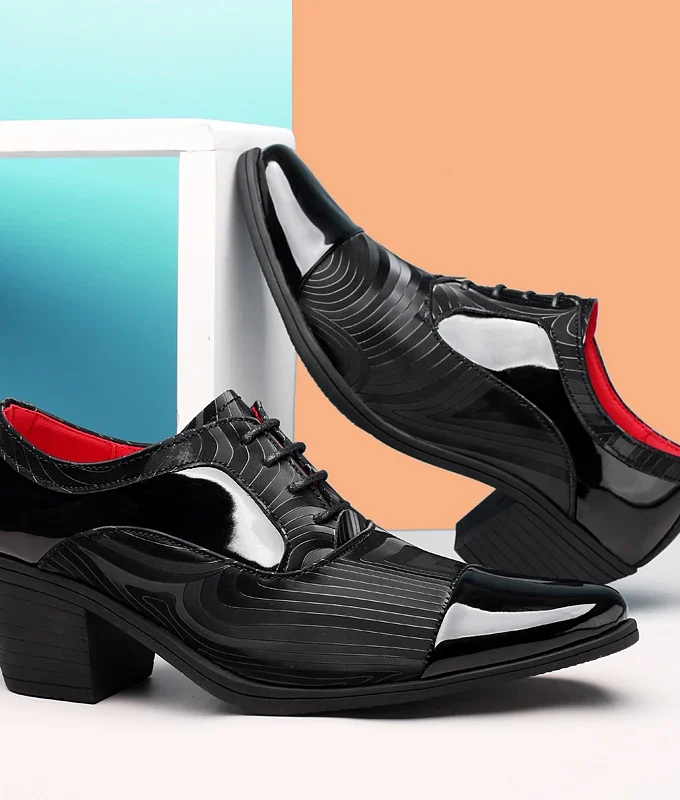 New Fashion black white Men's Dress Shoes Pointed Leather High Heel Shoes Men Height Increasing Wedding Shoes Men zapatos hombre