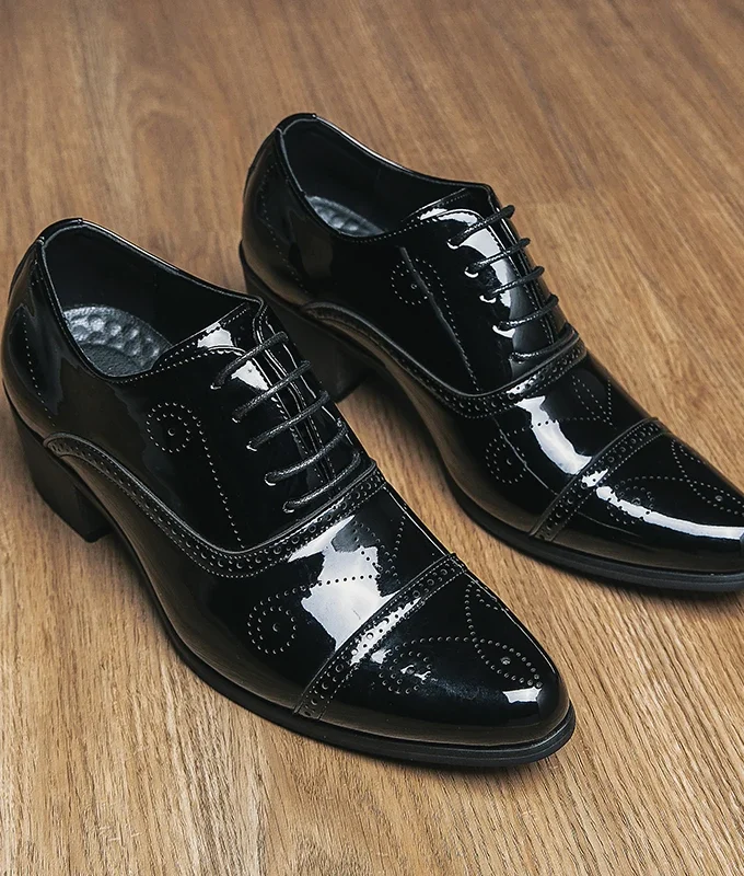New Dress Leather Shoes Men High Heel 6cm Pointed Toe Brogue Wedding Shoes Height Increase Formal Career Work Jazz Dance Shoes