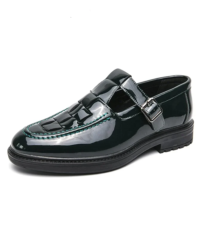 Patent Leather Checkered Weave Hollow Loafers 2024 Summer New Glossy Metal Buckle Strap Flats Round Toe Platform Casual Men Shoe