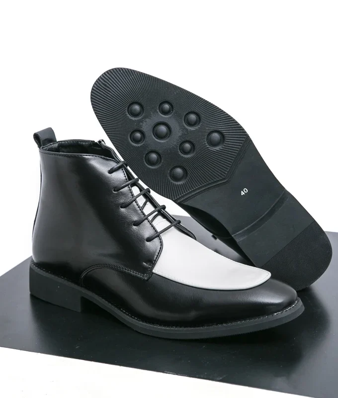 Fashion Black White Matching Leather Boots for Men Ankle Boots Med Heel Zip Male Shoes Wedding Business Office Shoes Plus Size