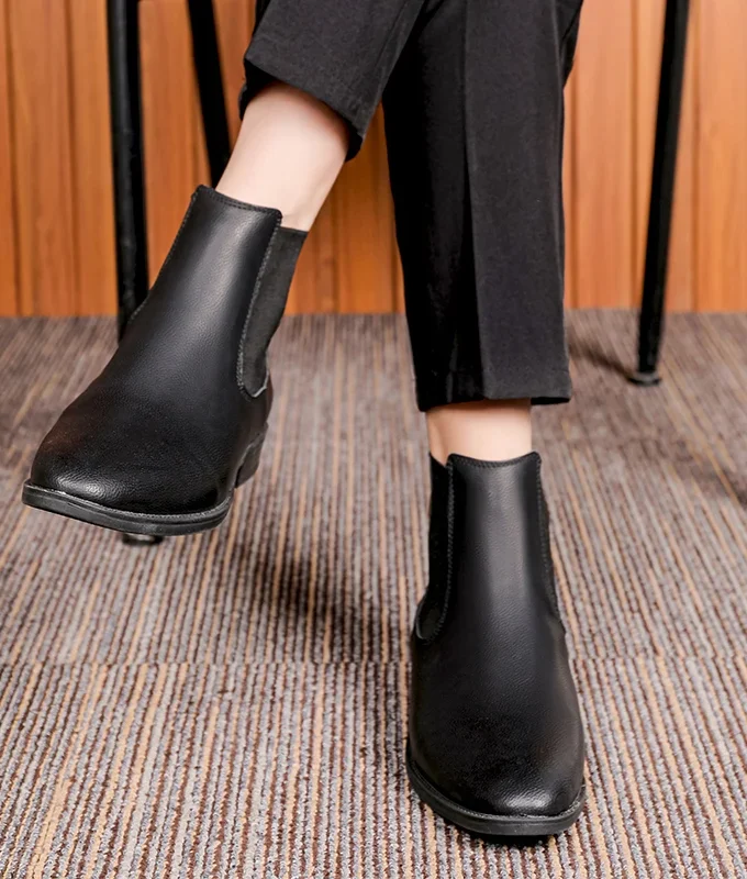 Men Classic Retro Chelsea Boots Genuine Leather High Top Pointed Toe Fashion Casual Comfortable Warm Plush Business Ankle Boots