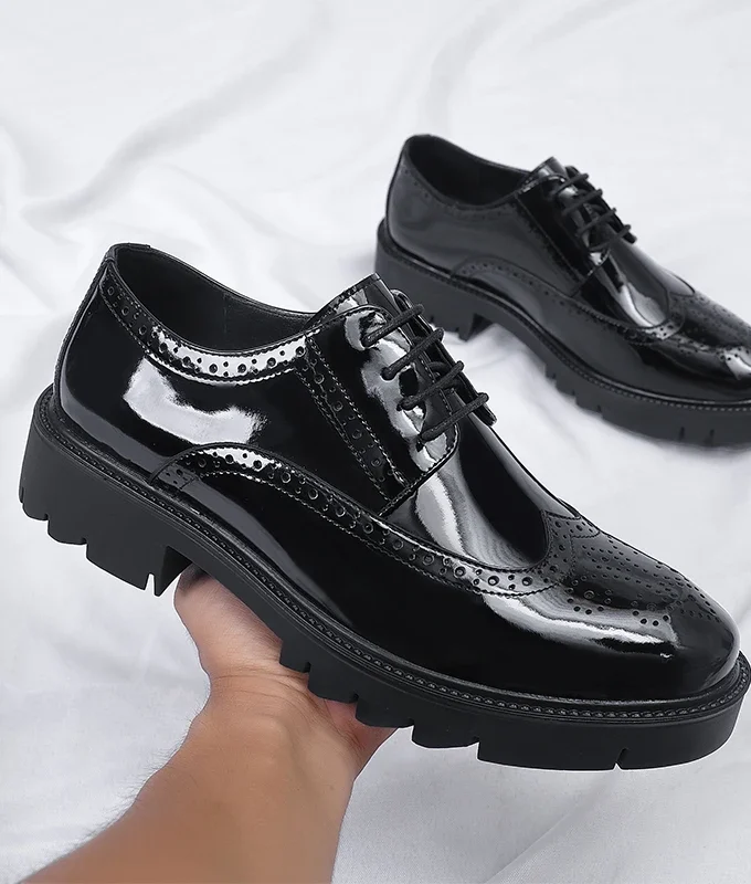 Platform High Heel 4/7/9 CM Height Increase Casual Men Brogue Patent Leather Shoe Man Oxford Dress Shoes Elevator Formal Wedding