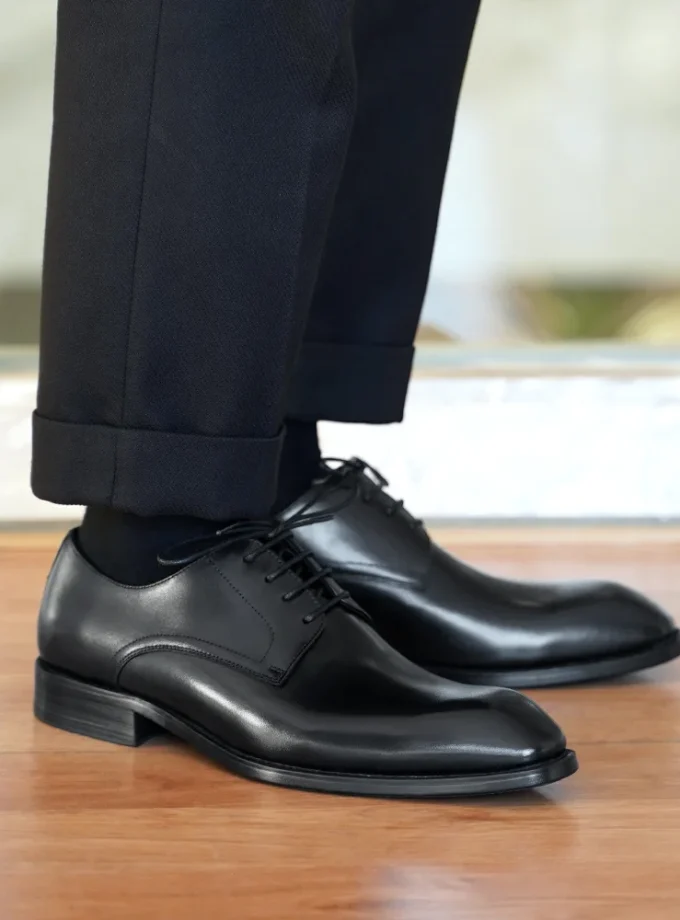 Italian Flat Mens Dress Shoes Luxury Genuine Leather Brand Handmade Quality Square Toe Laces Up New Business Party Social Shoes