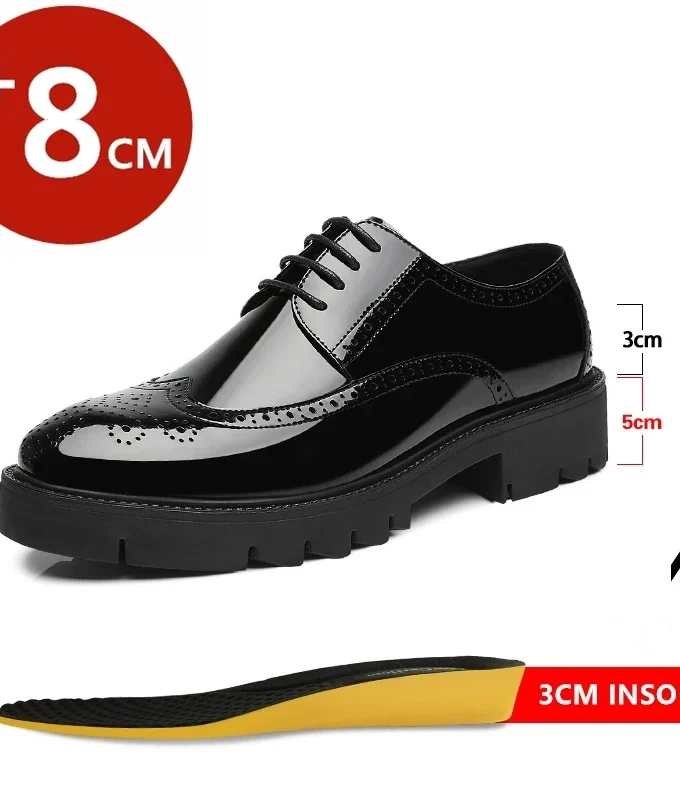 Luxury Men Brogues Patent Leather Elevator Shoes Man Height Increase Insole 8cm/10cm Black Formal Business Wedding Men Shoes New