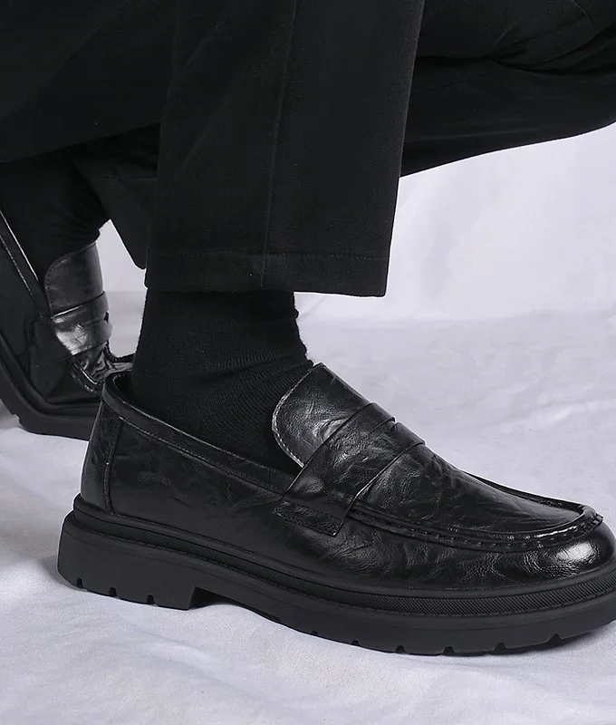 Men Penny Loafers Fashion Business Casual Thick Platform Genuine Leather Wedding Loafer Shoes Harajuku Korean Man Leather Shoes