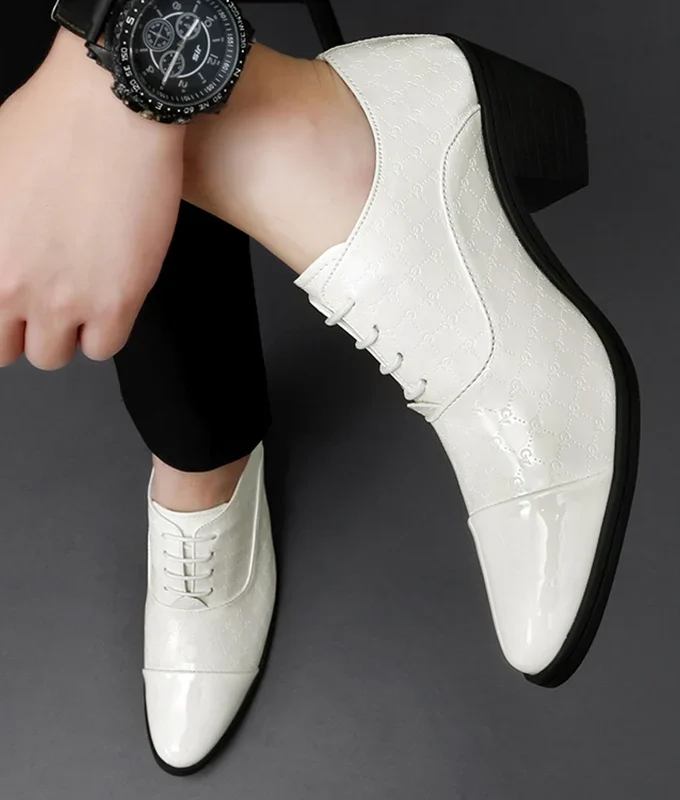 New Men Formal Shoes High Heels Oxfords Soft Mocassins Male Flower Red Height Increase White Dress Driving Wedding Boat Shoes