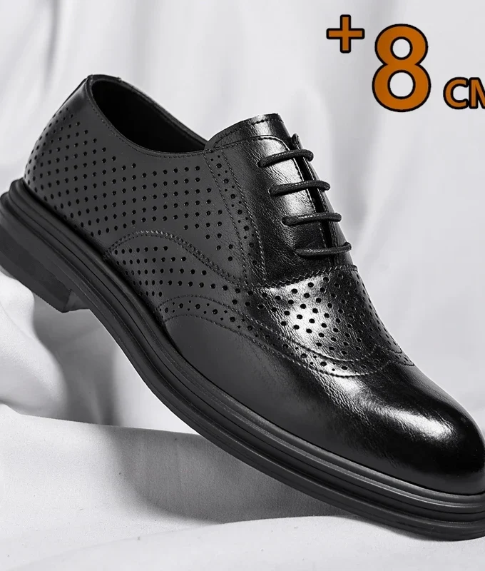 Spring Summer Men Hollow Platform High Heel 6/8 CM Height Growth Formal Men Derby Leather Shoes Man Wedding Dress Elevator Shoes