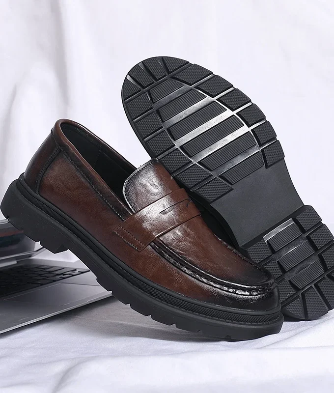 Men Penny Loafers Fashion Business Casual Thick Platform Genuine Leather Wedding Loafer Shoes Harajuku Korean Man Leather Shoes