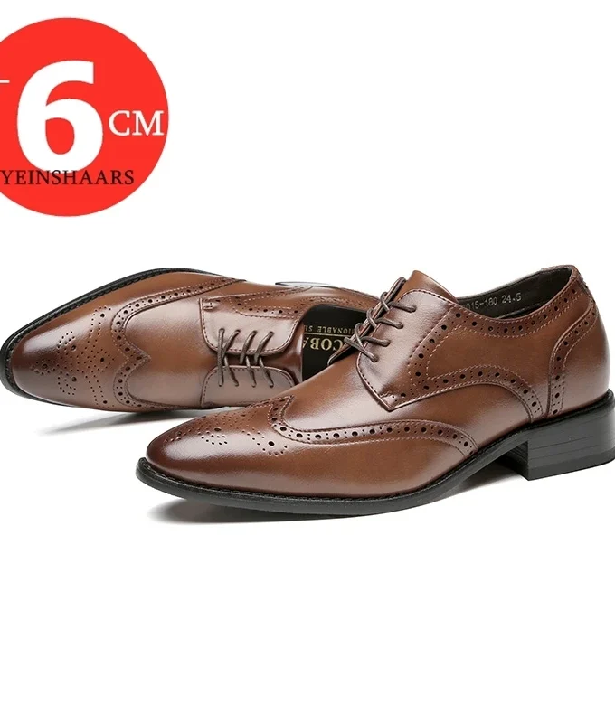 High Quality Genuine Leather Brogue Men Elevator Shoes 6CM Height Increase Oxford Men Formal Dress Shoes Business Office Wedding